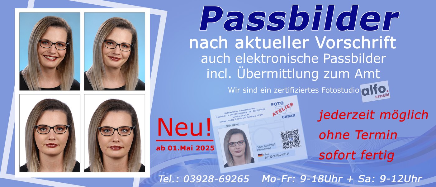Passbilder nach aktueller Vorschrift, auch elektronisch – sofort fertig, ohne Termin